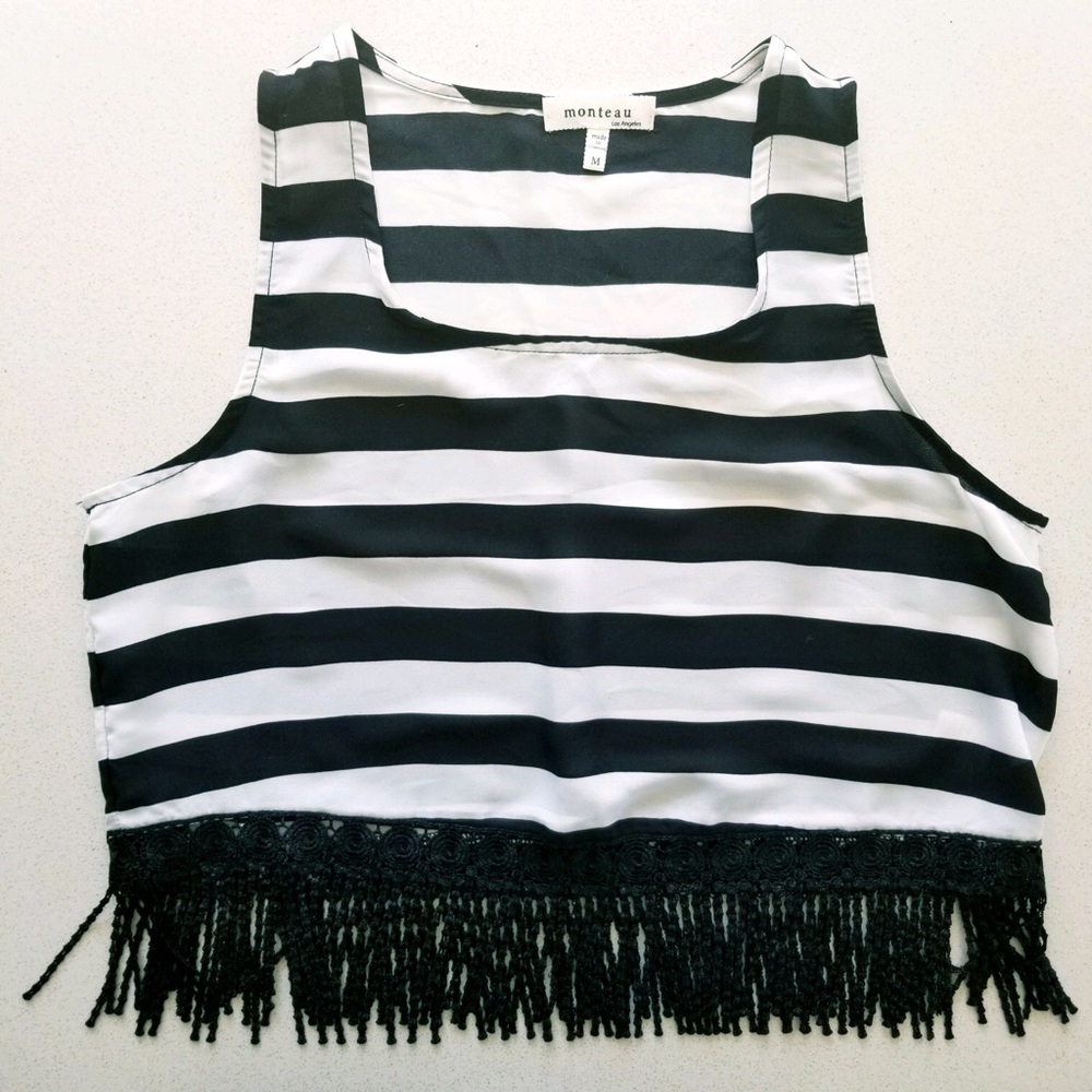 Monteau Black and white striped crop top w/ fringe